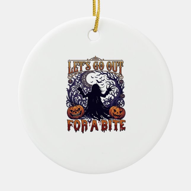 Lets Go Out Bite Ghost Pumpkins Bats Moon Ceramic Tree Decoration (Front)