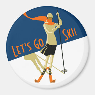 Let's Go Ski! Vintage Design Skiers Magnet