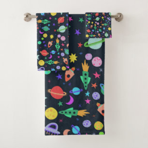 Let's Go to Space Navy Blue Pattern UFO Bath Towel Set