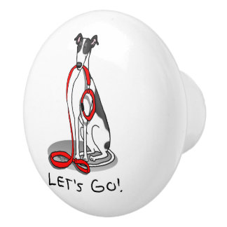 Let's Go! (walk) Greyhound Dog (black white) Funny Ceramic Knob