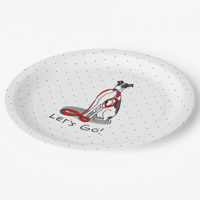 Let's Go! (walk) Greyhound Dog (black white) Funny Paper Plate (Angled)