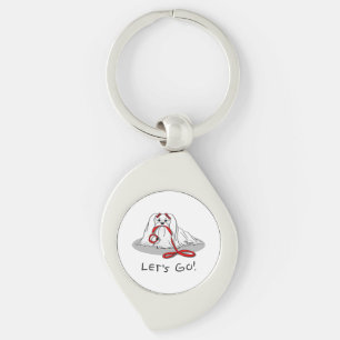 Let's Go! (walk) Maltese Dog with Red Leash Cute F Key Ring