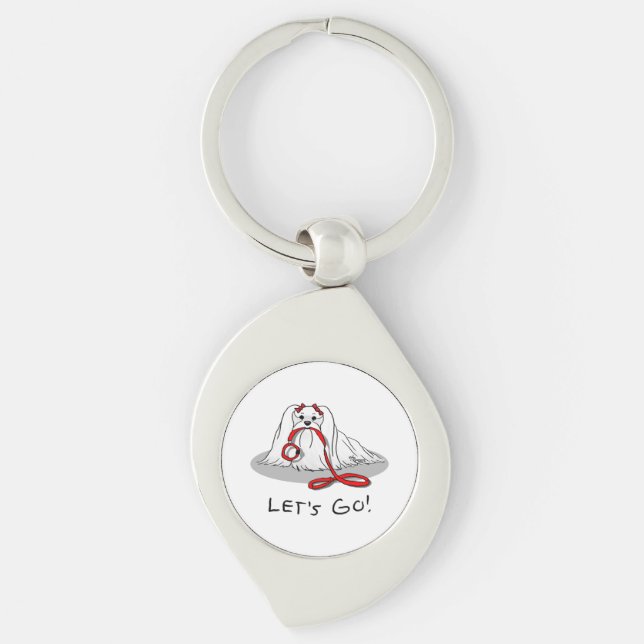Let's Go! (walk) Maltese Dog with Red Leash Cute F Key Ring (Front)