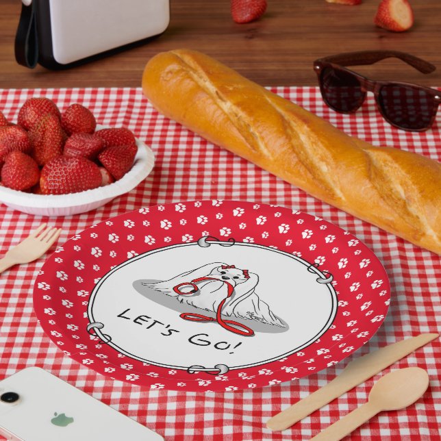 Let's Go! (walk) Maltese Dog with Red Leash Cute Paper Plate (Picnic)