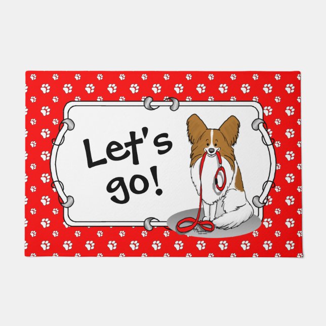 Let's Go! (walk) Papillon (white & red) Dog Cute Doormat (Front)