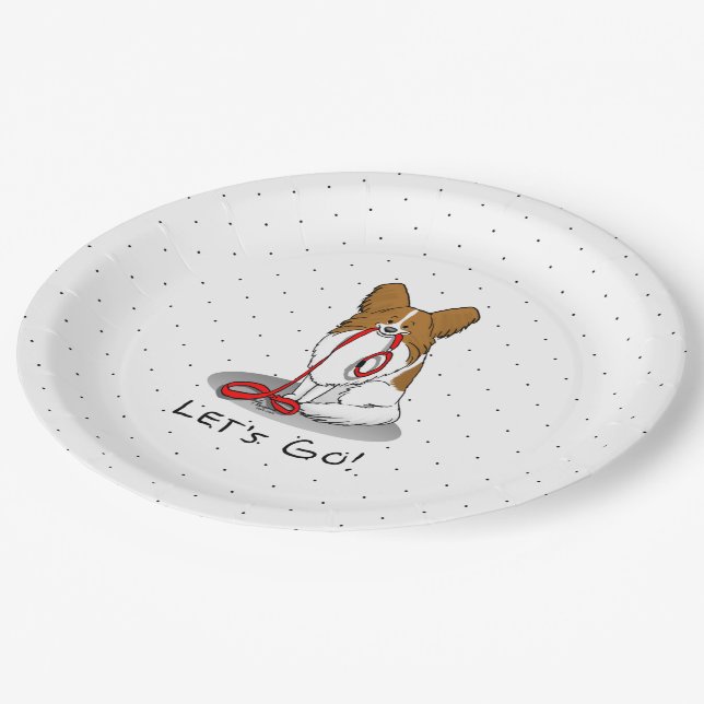 Let's Go! (walk) Papillon (white & red) Dog Cute Paper Plate (Angled)