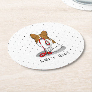 Let's Go! (walk) Papillon (white & red) Dog Cute Round Paper Coaster
