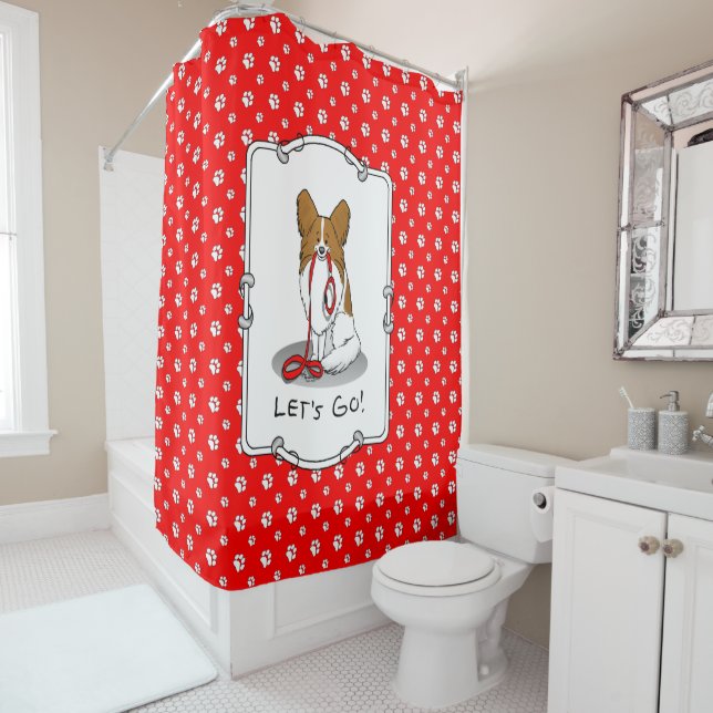 Let's Go! (walk) Papillon (white & red) Dog Cute Shower Curtain (In Situ)