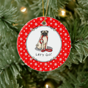 Let's Go! (walk) Pug Dog (light fawn) Leash Cute Ceramic Tree Decoration