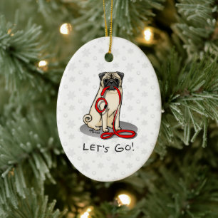 Let's Go! (walk) Pug Dog (light fawn) Leash Cute Ceramic Tree Decoration