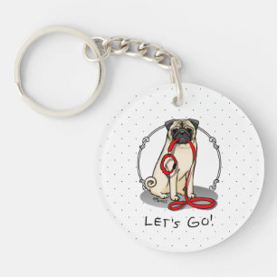 Let's Go! (walk) Pug Dog (light fawn) Leash Cute Key Ring