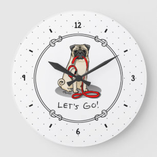 Let's Go! (walk) Pug Dog (light fawn) Leash Cute Large Clock