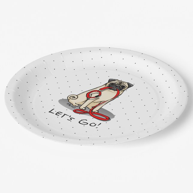 Let's Go! (walk) Pug Dog (light fawn) Leash Cute Paper Plate (Angled)