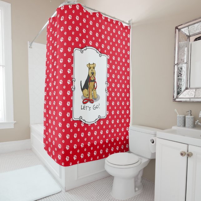 Let's Go! Welsh Terrier Dog with red leash Funny Shower Curtain (In Situ)