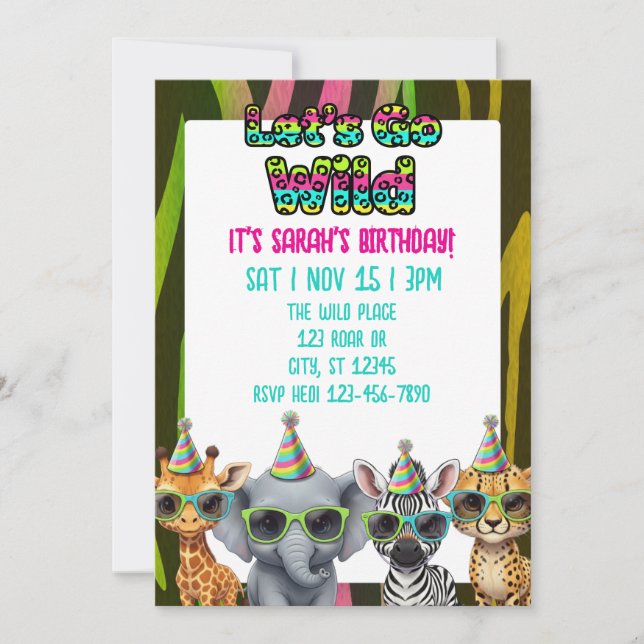 Let's Go Wild, party animal with shades birthday Invitation (Front)