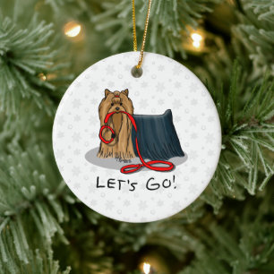 Let's Go! Yorkshire Terrier (Yorkie) Dog w Leash Ceramic Tree Decoration