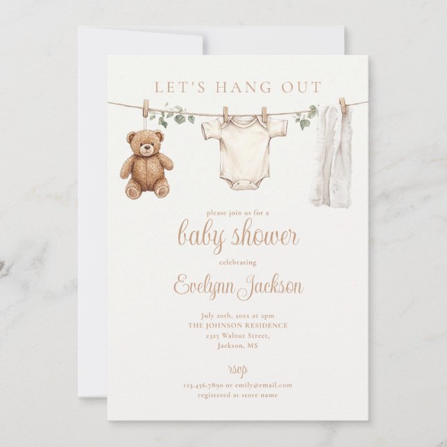 Lets Hang Out Clothesline Neutral Baby Shower Invitation (Front)
