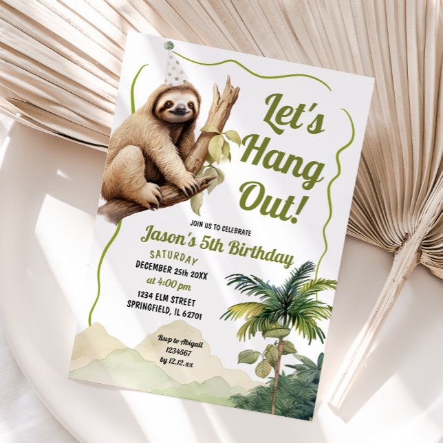 Let's Hang Out Handdrawn Sage Green Sloth Birthday Invitation (Creator Uploaded)