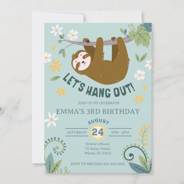 Let's Hang Out Jungle Sloth Birthday Invitation (Front)