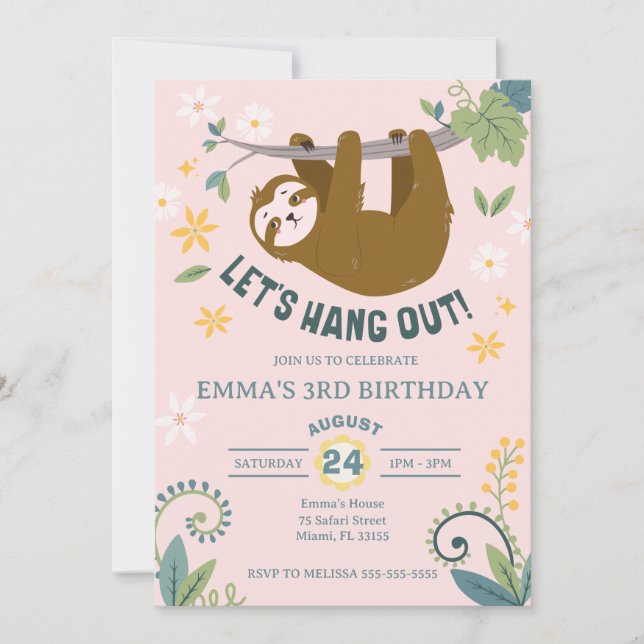 Let's Hang Out Jungle Sloth Pink Birthday Invitation (Front)