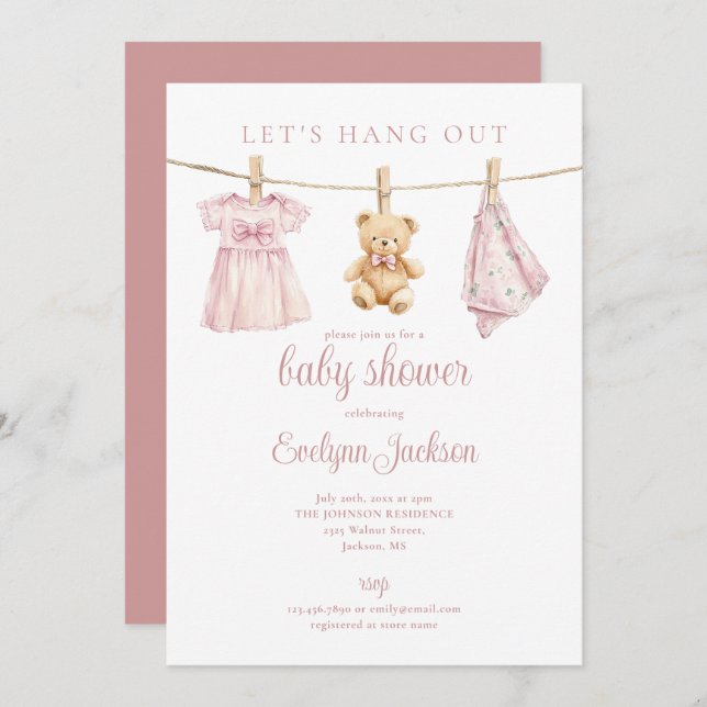 Lets Hang Out Pink Girl Clothesline Baby Shower Invitation (Front/Back)
