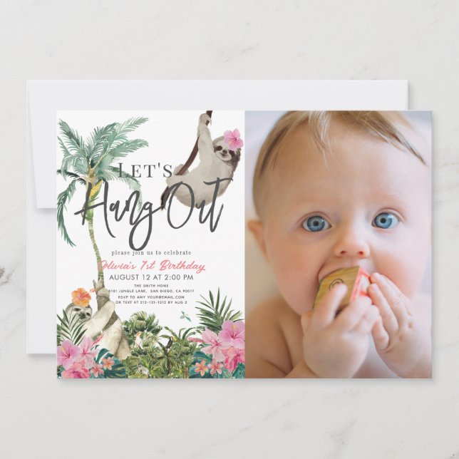 Let's Hang Out Sloth Girl 1st Birthday Photo Invitation (Front)