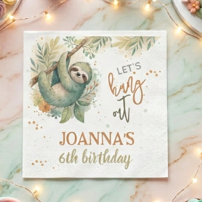 Let's hang out sloth kids birthday napkin (Creator Uploaded)