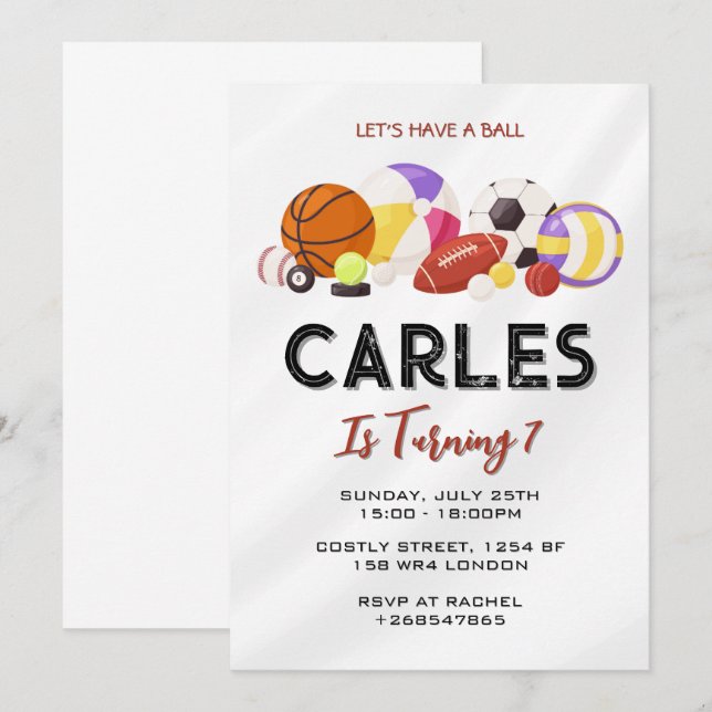 Lets Have a Ball Sports Birthday for Kids Invitation (Front/Back)
