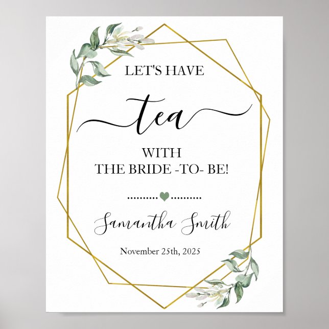 Let's have tea with bride greenery gold wedding poster (Front)