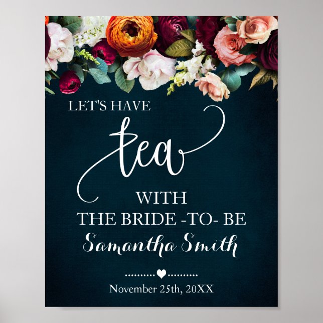 Let's have Tea with Bride Wine Navy Wedding Shower Poster (Front)