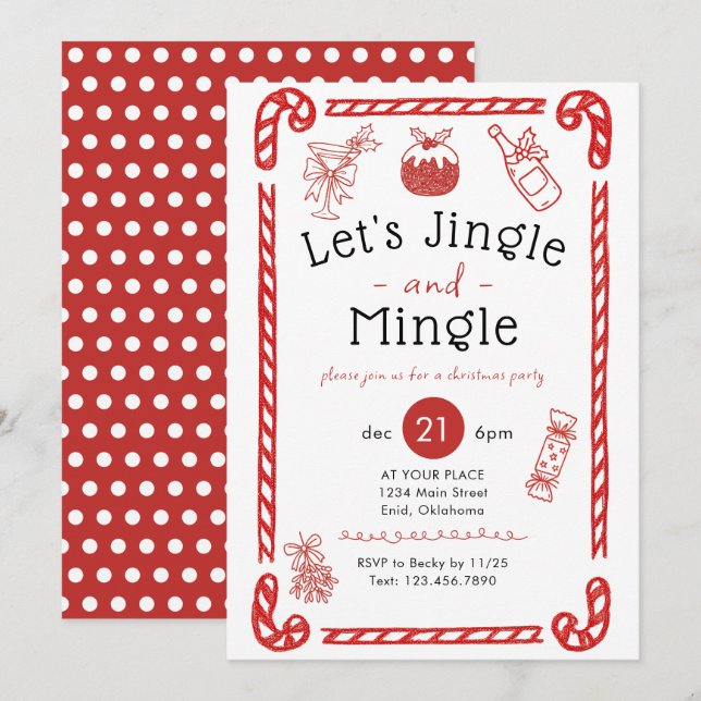 Let's Jingle and Mingle Red Doodle Holiday Party Invitation (Front/Back)
