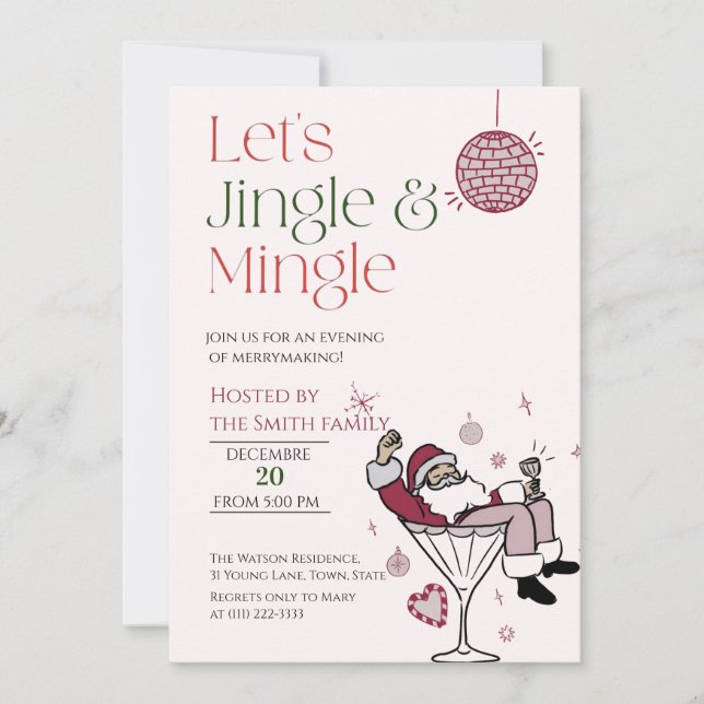 Let's Jingle and Mingle,  Santa Cocktail Party Invitation (Front)
