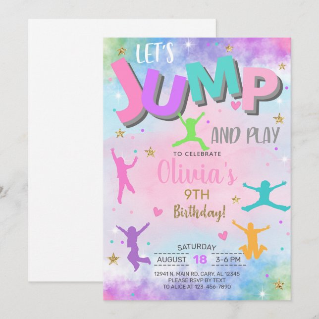 Let's JUMP and Play girl birthday invitation. Invitation (Front/Back)