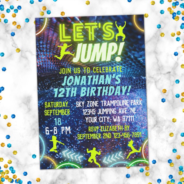 Let's Jump Bounce Neon Trampoline Park Birthday Invitation (Creator Uploaded)