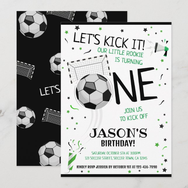 Let's Kick It Black Rookie Soccer 1st Birthday Invitation (Front/Back)