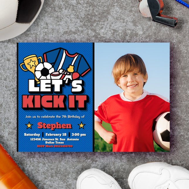 Let's Kick It - Football Soccer with Photo Invitation (Let's Kick It - Football Soccer with Photo Picture Landscape Invitation)