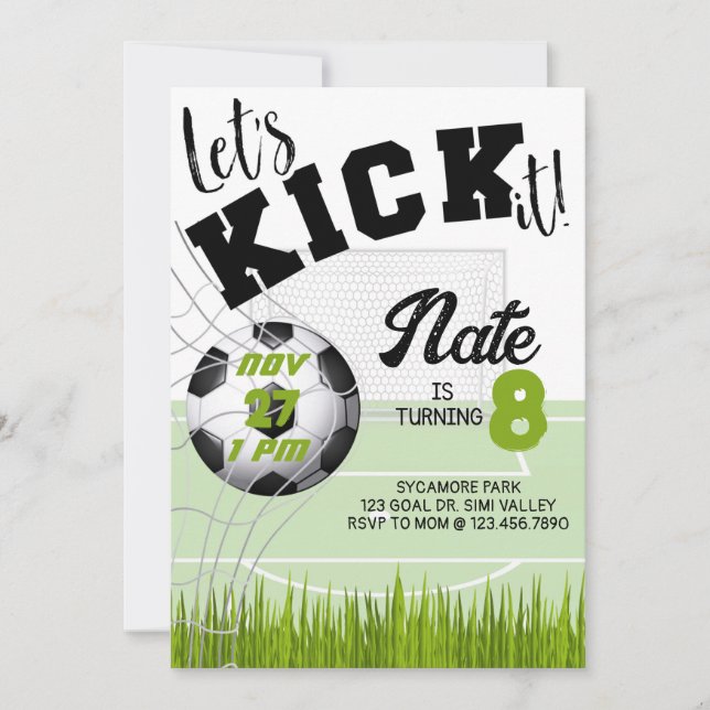 Let's Kick it, Soccer Party, Soccer Birthday  Invitation (Front)