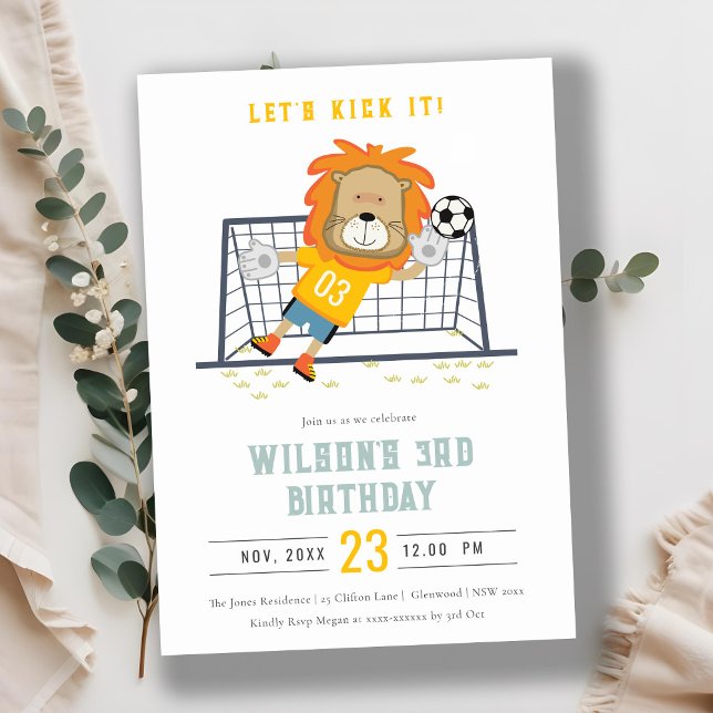 Lets Kick Lion Goalkeeper Soccer Kids Birthday Invitation (Creator Uploaded)