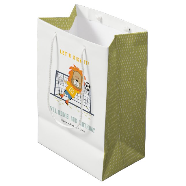 Lets Kick Lion Goalkeeper Soccer Kids Birthday Medium Gift Bag (Front Angled)