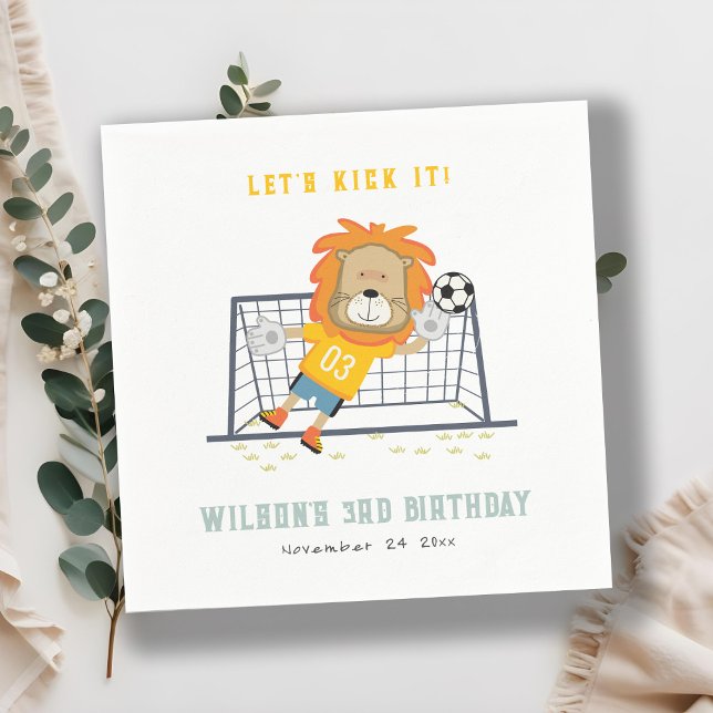 Lets Kick Lion Goalkeeper Soccer Kids Birthday Napkin (Creator Uploaded)