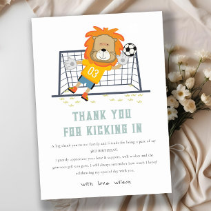 Lets Kick Lion Goalkeeper Soccer Kids Birthday Thank You Card