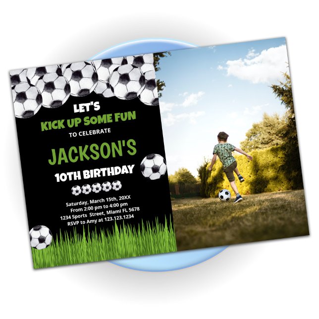 Let's Kick up Green Soccer Birthday With Photo Invitation (Creator Uploaded)