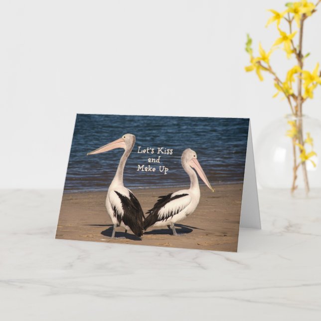 "Let's Kiss and Make Up" Pelicans on the Beach Card (Yellow Flower)