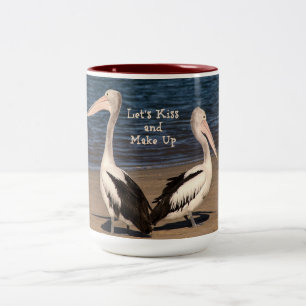 "Let's Kiss and Make Up" Pelicans on the Beach Two-Tone Coffee Mug