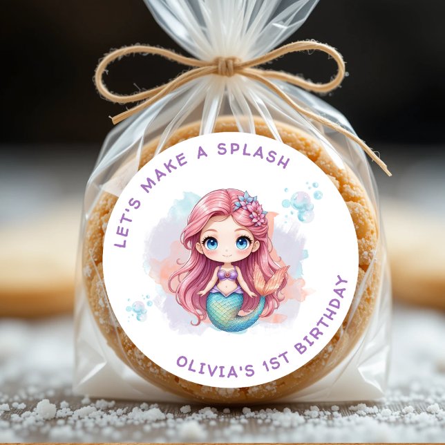 Let's Make a Splash Girls Mermaid Birthday Party Classic Round Sticker (Let's Make a Splash Girls Mermaid Birthday Party Classic Round Sticker
)