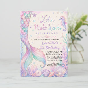 Let's Make Waves Mermaid Tail Watercolor Birthday Invitation