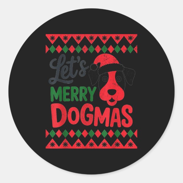 Let's Merry Dogmas Funny Dog Santa Hat Christmas X Classic Round Sticker (Front)