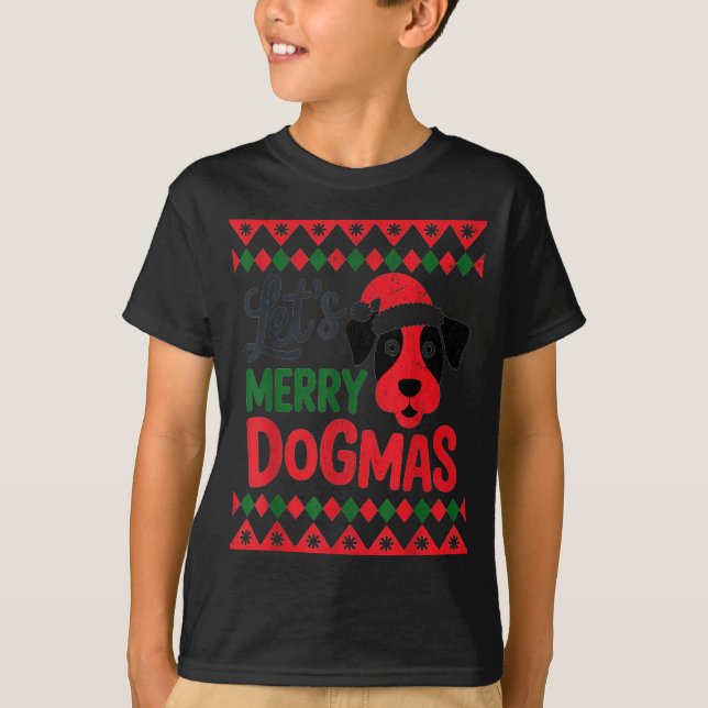 Let's Merry Dogmas Funny Dog Santa Hat Christmas X T-Shirt (Front)