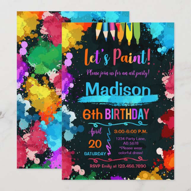 Let's Paint Art Birthday Party Black Invitation (Front/Back)