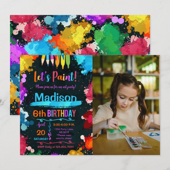 Let's Paint Art Birthday Party Black Photo Invitation (Front/Back)